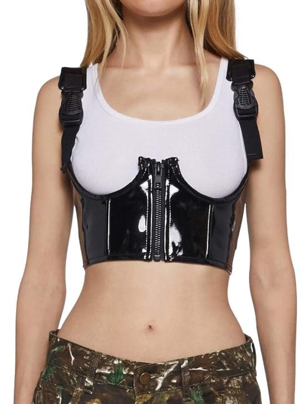 POSTER GIRL Dolls Kill Black Patent Front-Zip Harness Bustier Top